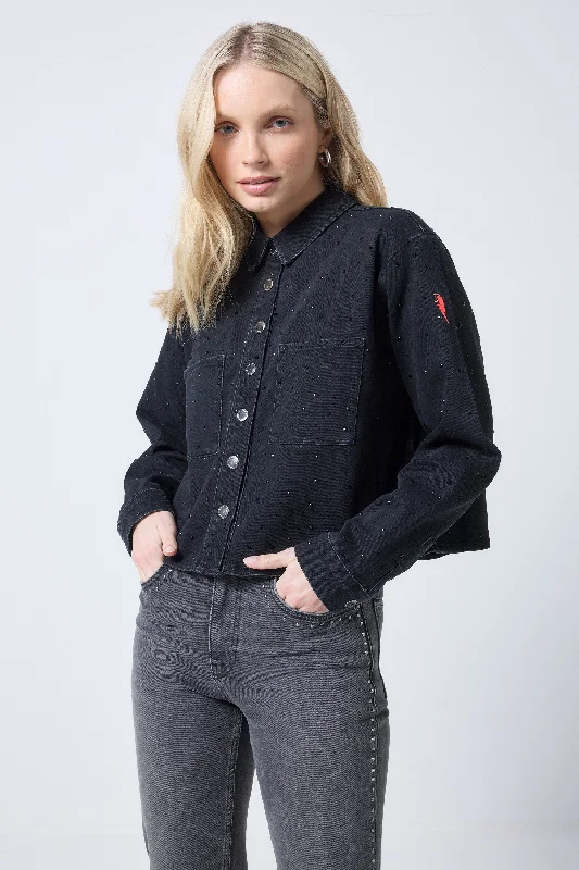 Jackets For Professional Merchandise-Black Embellished Denim Shacket