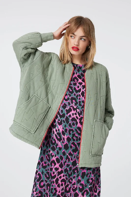 Khaki Quilted Lightning Bolt Oversized Bomber Jacket