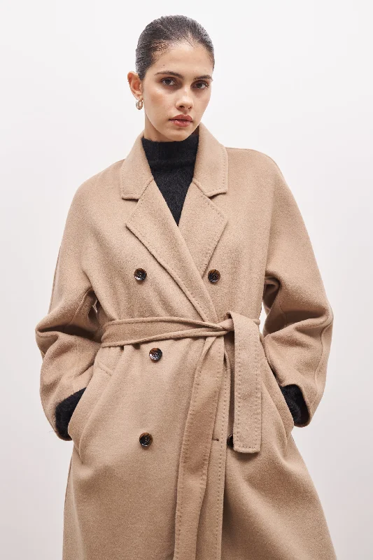 Jackets For Team Gifts-Double Faced Wool Coat With Belt - Camel