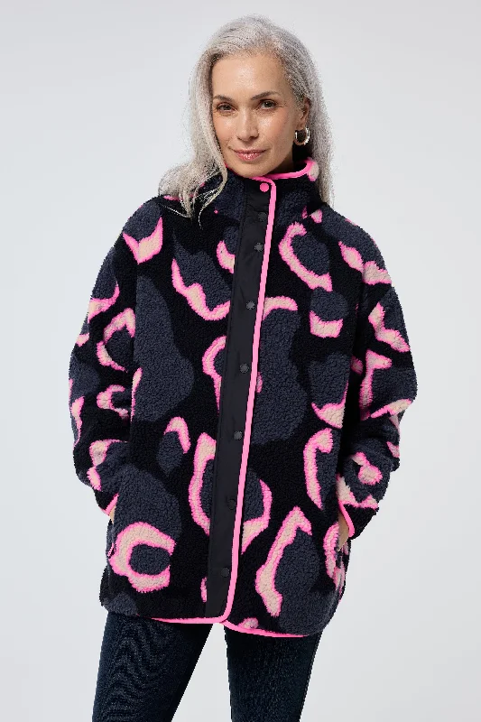 Jackets For Fundraiser Campaigns-Navy with Pink Mega Shadow Leopard Button Through Fleece Jacket