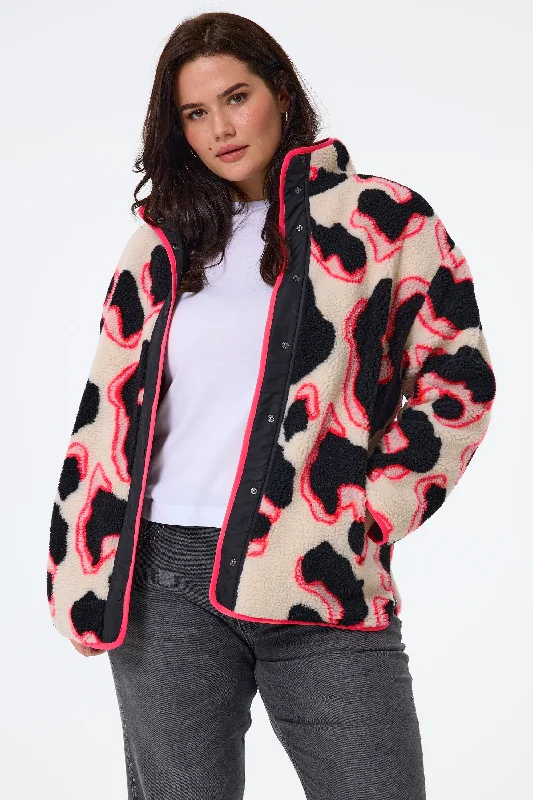 Jackets For Fan Apparel-Cream with Coral and Black Mega Shadow Leopard Button Through Fleece Jacket