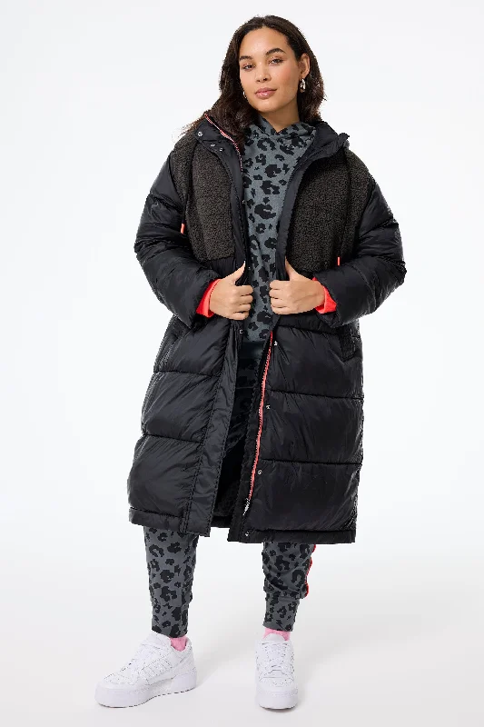 Jackets For School Fundraisers-Black Quilted with Borg Longline Puffer Coat