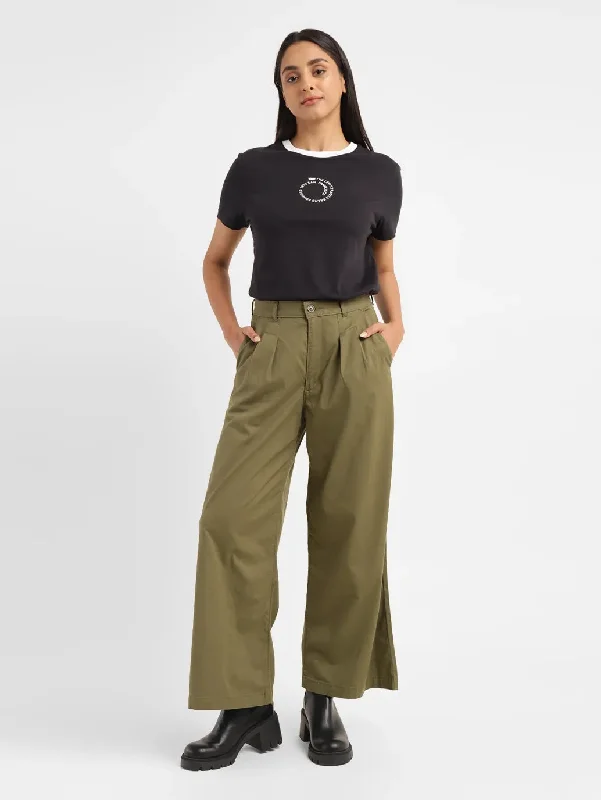 Pants For Professional Fan Apparel-Women's High Rise Olive Loose Fit Trousers