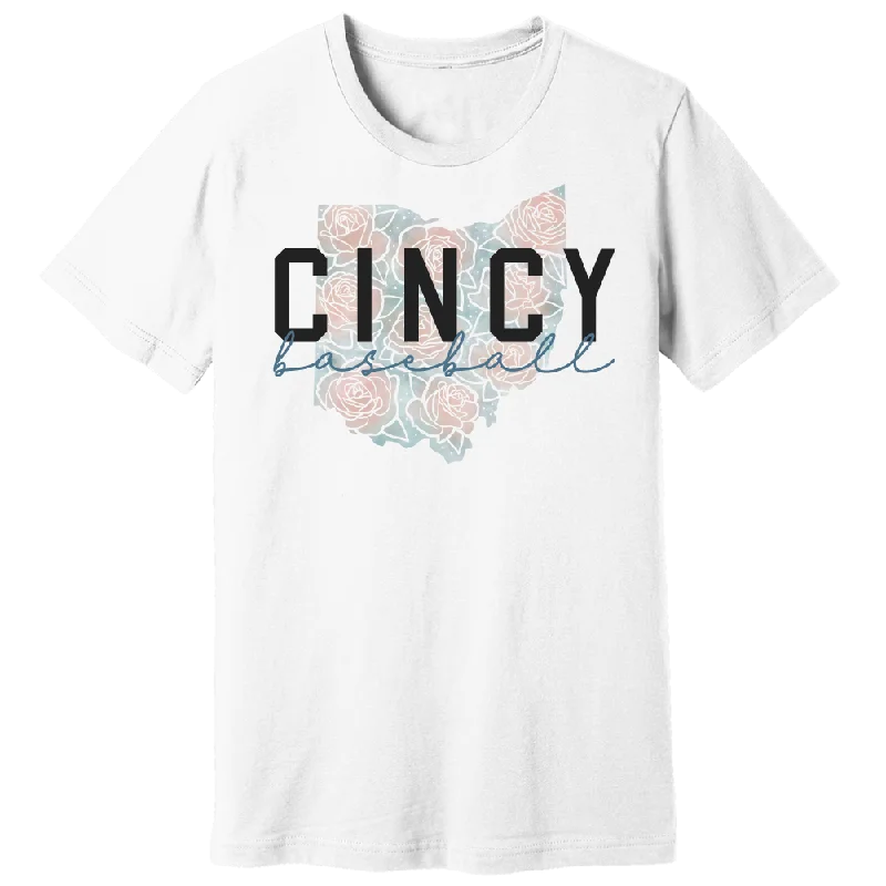 T-Shirt For Exclusive Custom Fan Gear-Cincy Baseball Flowers