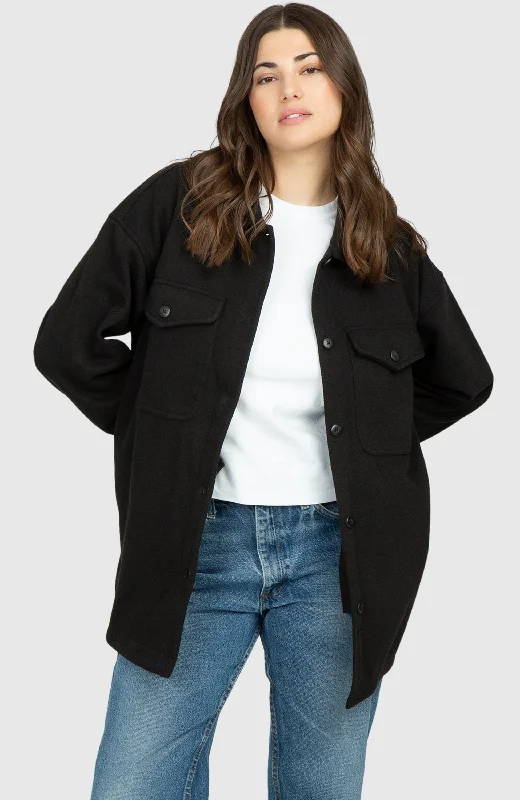 Jackets For Sports Events-Smokey Black Oversized Twill Knit Shacket