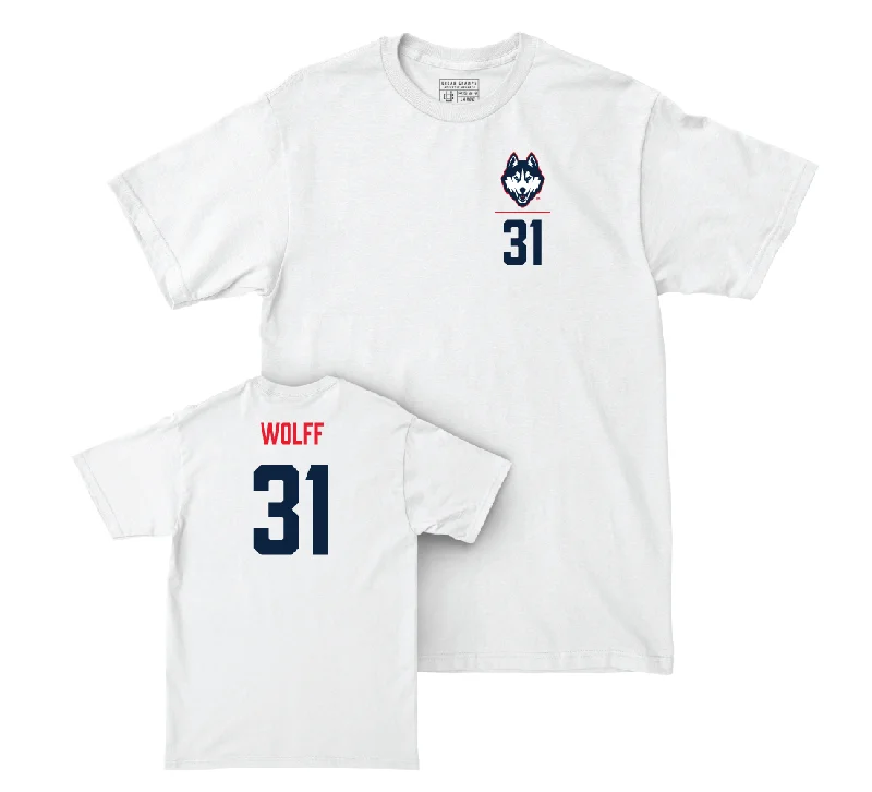 T-Shirt For Exclusive Fan Apparel-UConn Baseball Logo White Comfort Colors Tee - Devin Wolff | #31