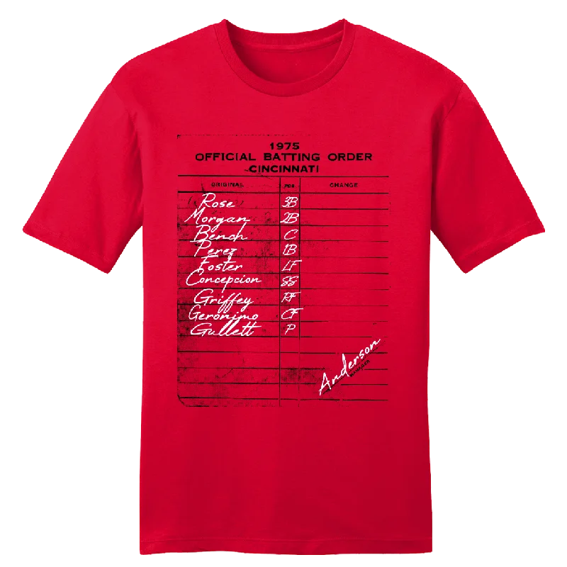 T-Shirt With Custom Player Numbers-1975 Cincinnati Baseball Batting Order