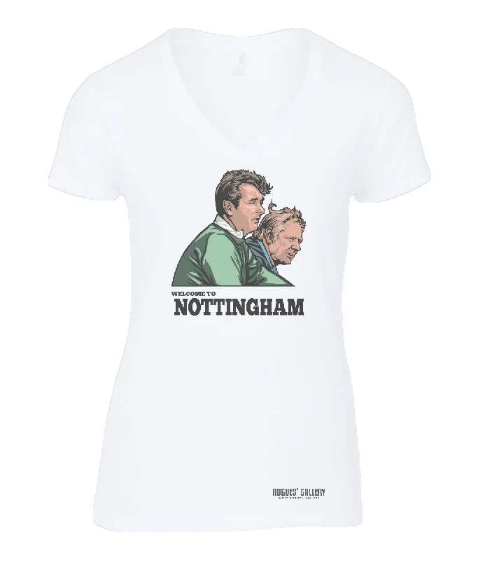 T-Shirt For Exclusive Fan Custom Orders-Clough & Taylor 'Welcome to Nottingham' Ladies V Neck T-Shirt