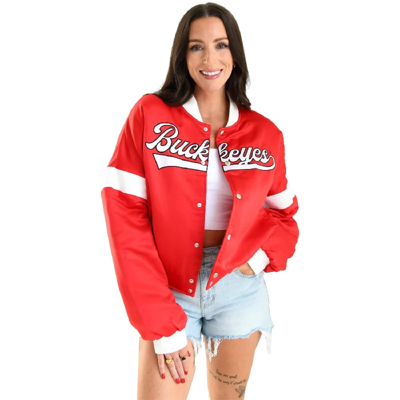 Jackets For Softball Fan Gear-Ladies Ohio State Buckeyes Varsity Satin Scarlet Jacket