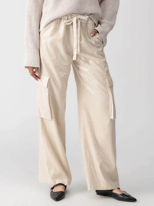 Pants For Professional Game Merchandise-Pull-On Sequin Semi High Rise Cargo Pant Frosted Almond