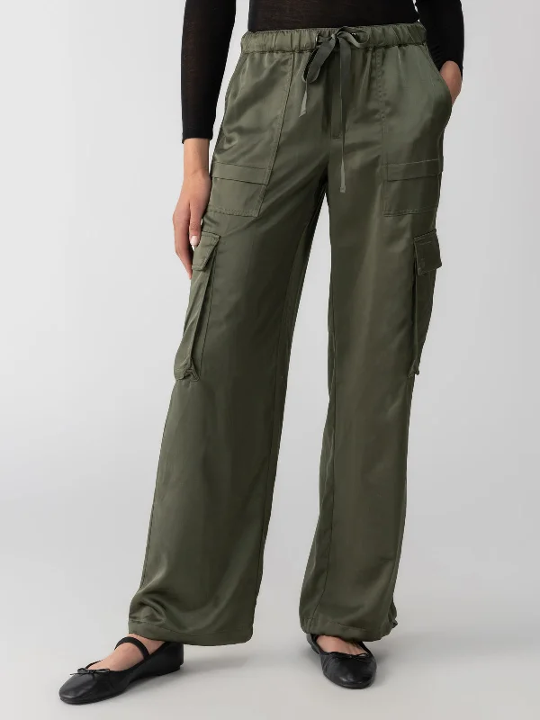 Pants For Professional Fan Gear Customization-Satin Cargo Standard Rise Wide Leg Pant Dark Olive