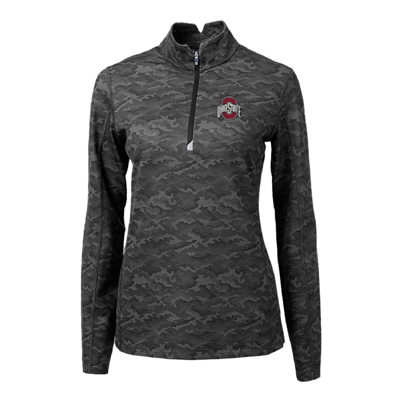 Jackets For Custom Fan Fundraising-Ladies Ohio State Buckeyes Cutter & Buck Traverse Stretch Black Camo 1/4 Zip Jacket