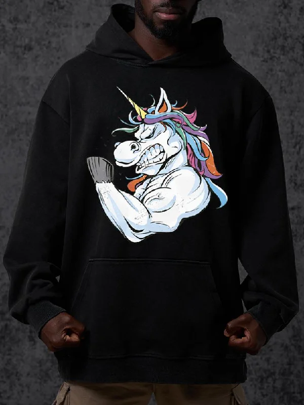 Hoodie For Exclusive Fan Apparel-muscular unicorn Washed Gym Hoodie