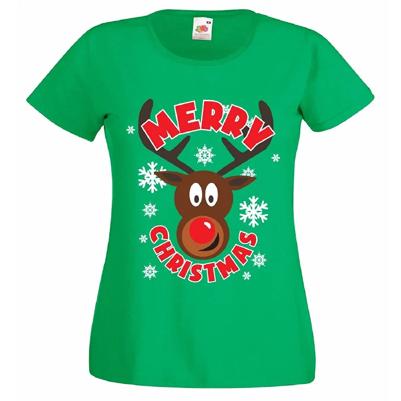 T-Shirt For High School Fan Merchandise-Ladies Fit Merry Christmas Rudolph Reindeer T-Shirt