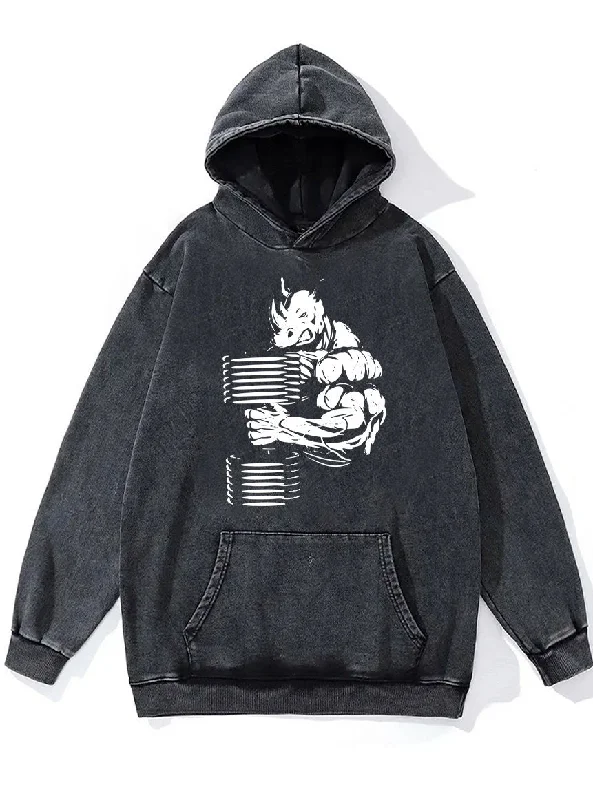 Hoodie For Custom Fan Apparel-MUSCULAR RHINO Washed Gym Hoodie