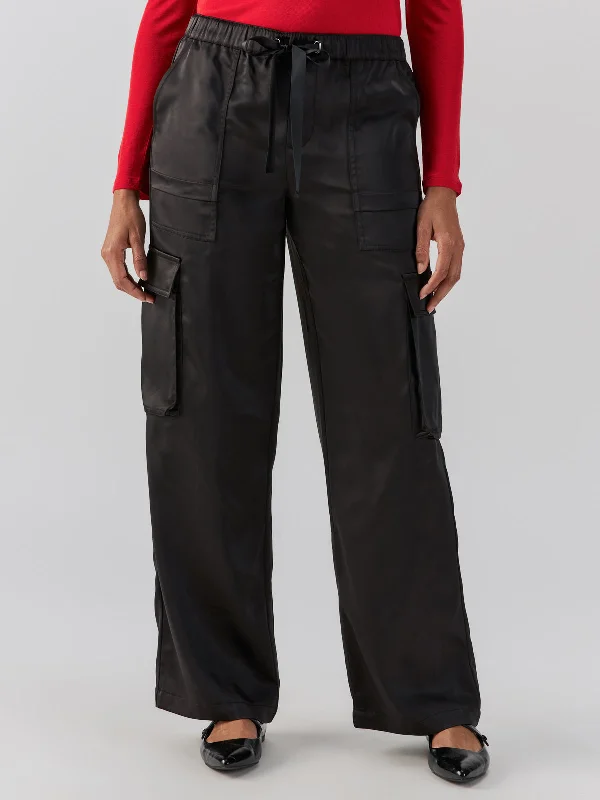 Pants For Tournament Team Apparel-Satin Cargo Standard Rise Wide Leg Pant Black