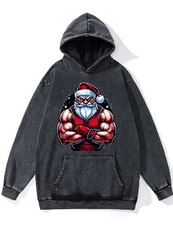 Hoodie For Youth Team Fan Gear-muscle santa claus Washed Gym Hoodie