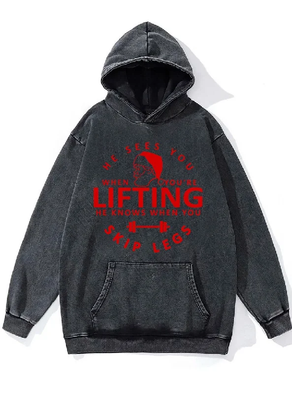 Hoodie With Player Signature Embroidery-he sees you when you're lifting Washed Gym Hoodie