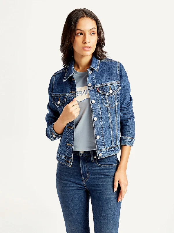 Jackets For T-Shirt Fan Gear-Women's Solid Indigo Spread Collar Jacket