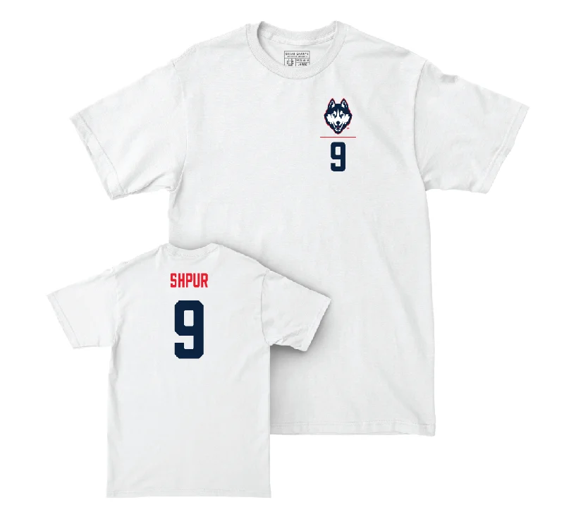 T-Shirt For Custom Fan Clothing-UConn Baseball Logo White Comfort Colors Tee - Caleb Shpur | #9