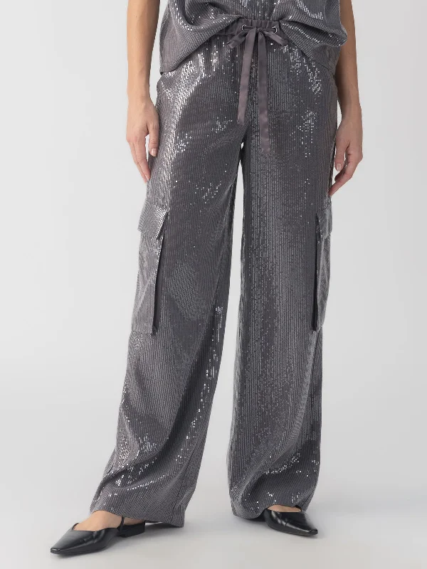 Pants For Custom Fan Fundraising-Pull-On Sequin Semi High Rise Cargo Pant Gunmetal