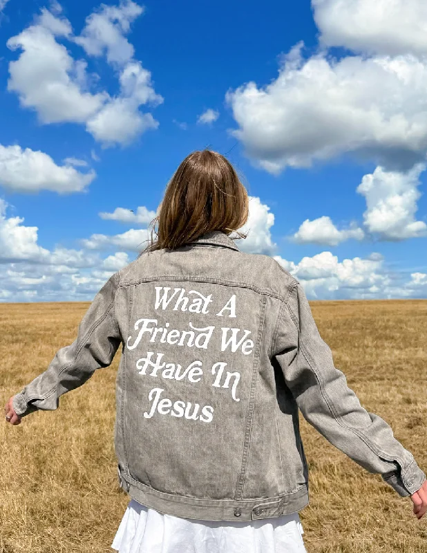 Jackets For Group Team Apparel Customization-What a Friend in Jesus Grey Denim Jacket