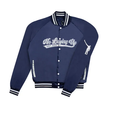 Jackets For College Sports Merchandise-No Laying Up x Official League Summer Satin Baseball Jacket | Navy & Silver