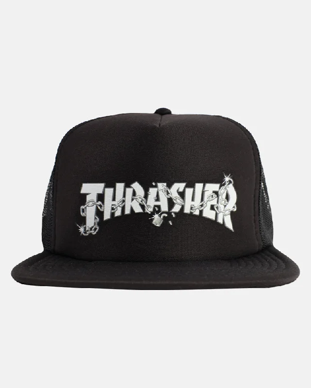 Hat For Personalized Team Merchandise-Thrasher Magazine Chains Trucker Snapback - Black