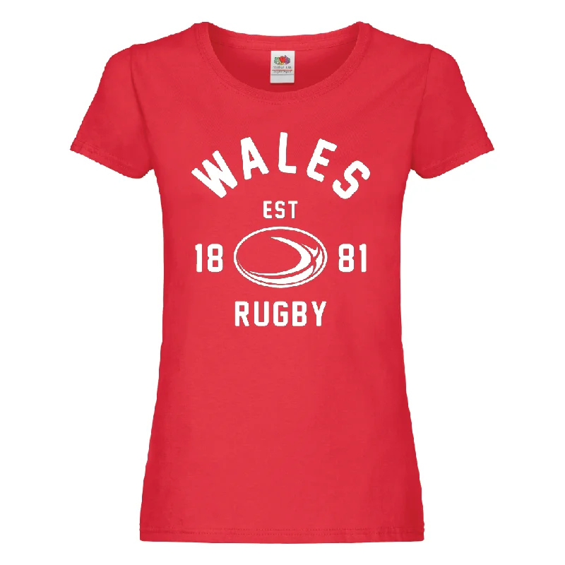 T-Shirt For Promotional Team Events-Ladies Wales CYMRU EST 1881 Rugby Ball T-Shirt